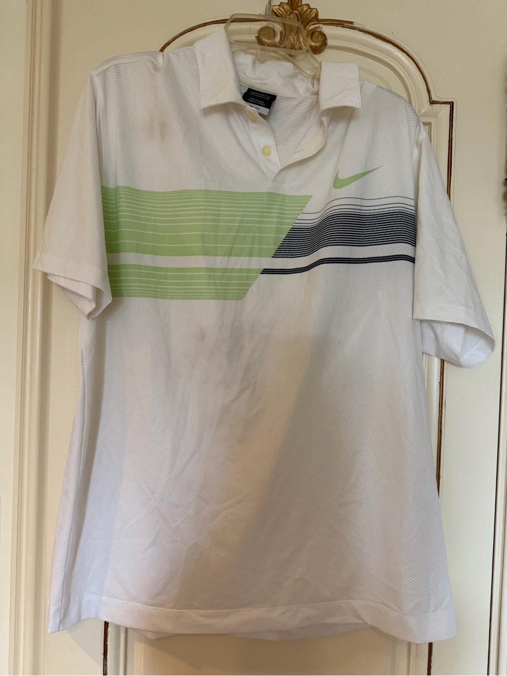 Nike White Polo with Lime Green and Navy Graphic Stripes